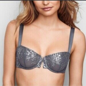 Victoria's Secret Sheer Mesh Metallic Floral Balconette Bra Underwire Gray 34C